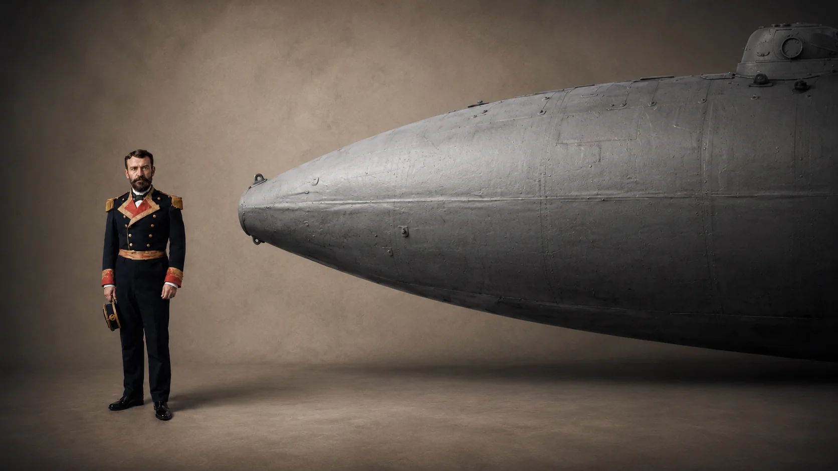 Recreated Isaac Peral beside his submarine