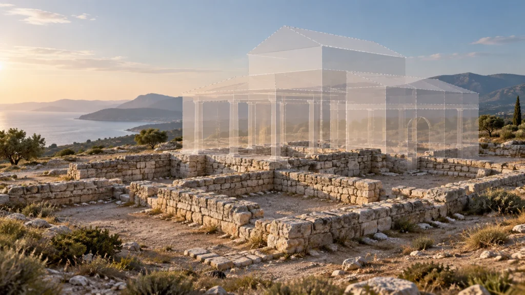 Ilustración conceptual de restos de piedra y una estructura translúcida que sugiere una reconstrucción hipotética.