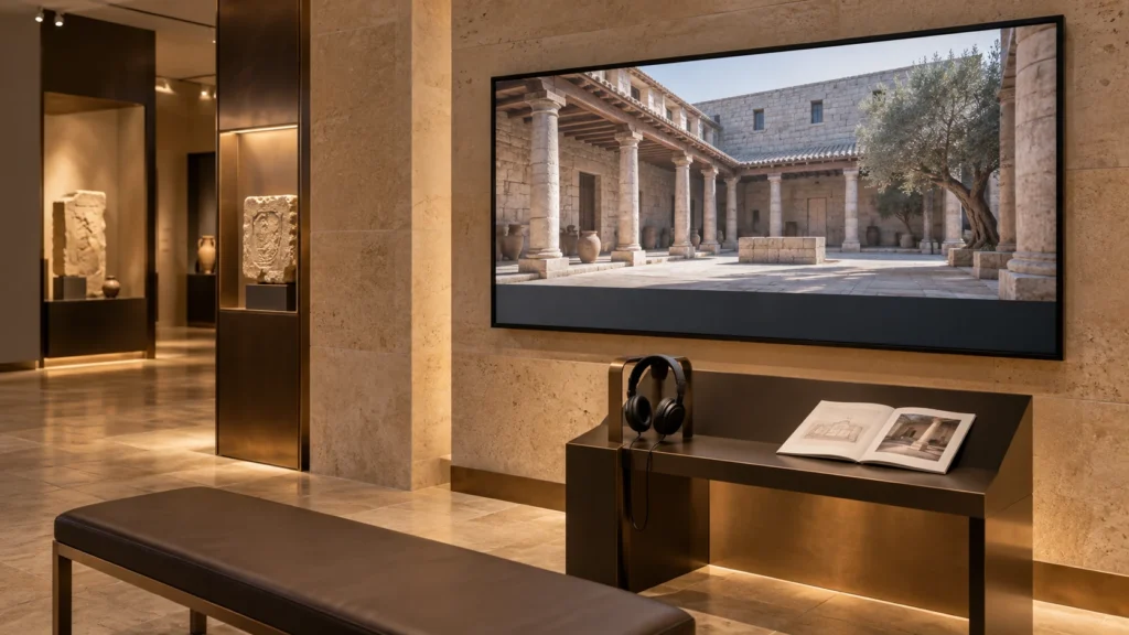 Galería conceptual con una pantalla, una consola con auriculares y un cuaderno de consulta junto al audiovisual.