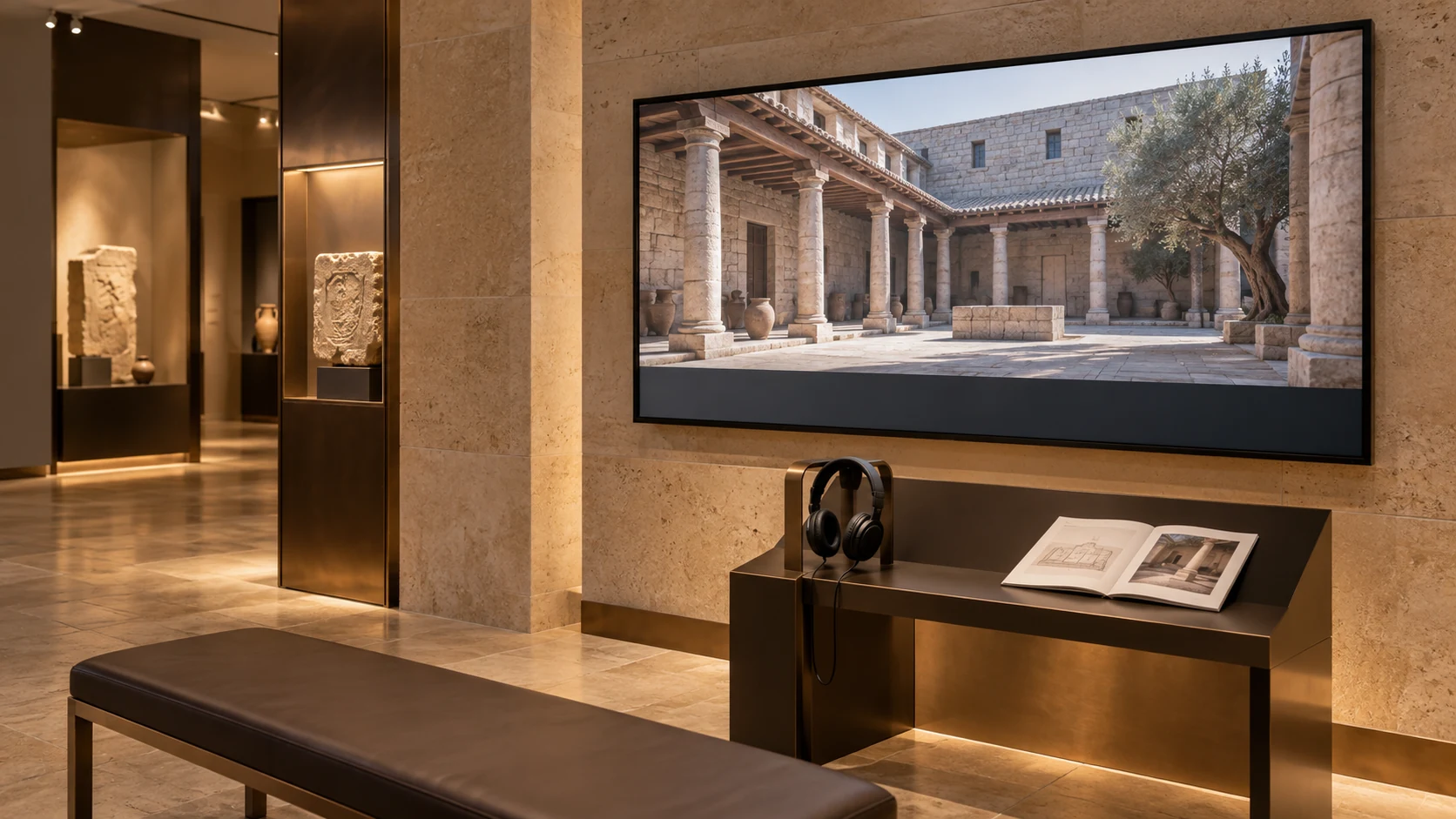 Galería conceptual con una pantalla, una consola con auriculares y un cuaderno de consulta junto al audiovisual.