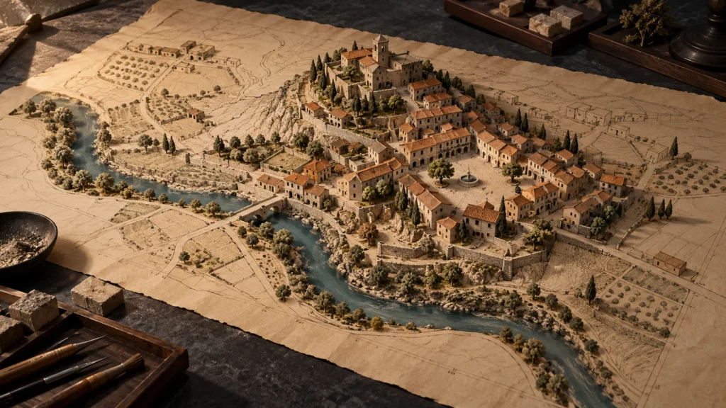 Ilustración conceptual de un plano y una maqueta de población ficticia con plaza, río y caminos sobre una mesa oscura.