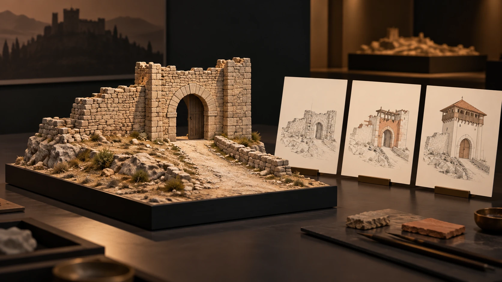 Ilustración conceptual de una maqueta ficticia de una puerta de castillo junto a tres tarjetas de planificación visual sobre una mesa de museo.